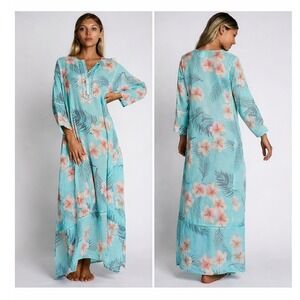 Debbie Katz South Beach XL Turquoise Tropical Floral Cotton Maxi Dress Cover Up